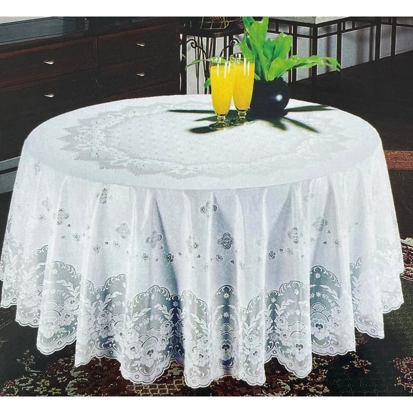 60"x60" Round White Vinyl Tablecloth Floral Laced Table Cloth Cover